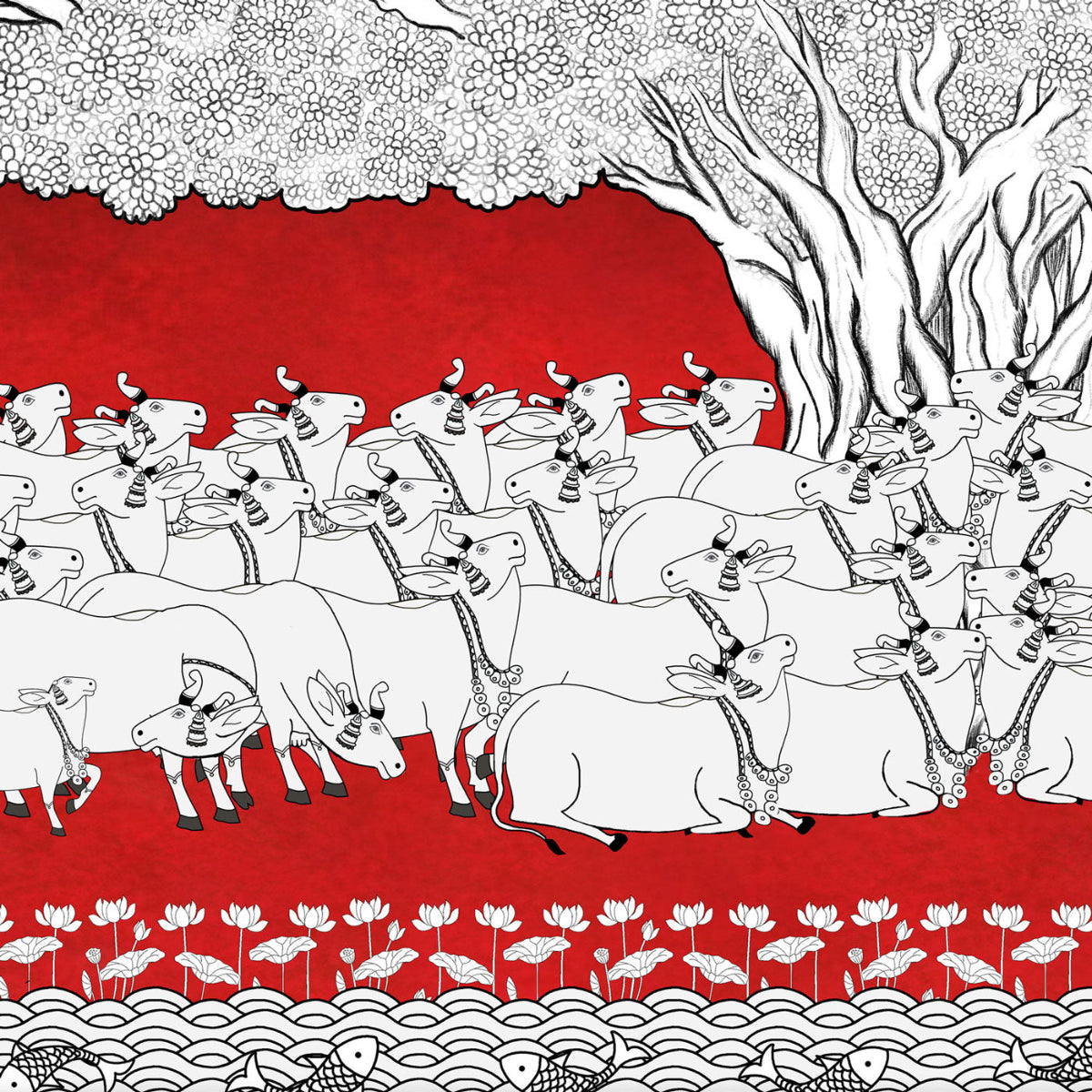 A stylized illustration featuring a herd of white cows with black outlines on a bold red background, beneath a large tree and above a decorative floral and wave border.