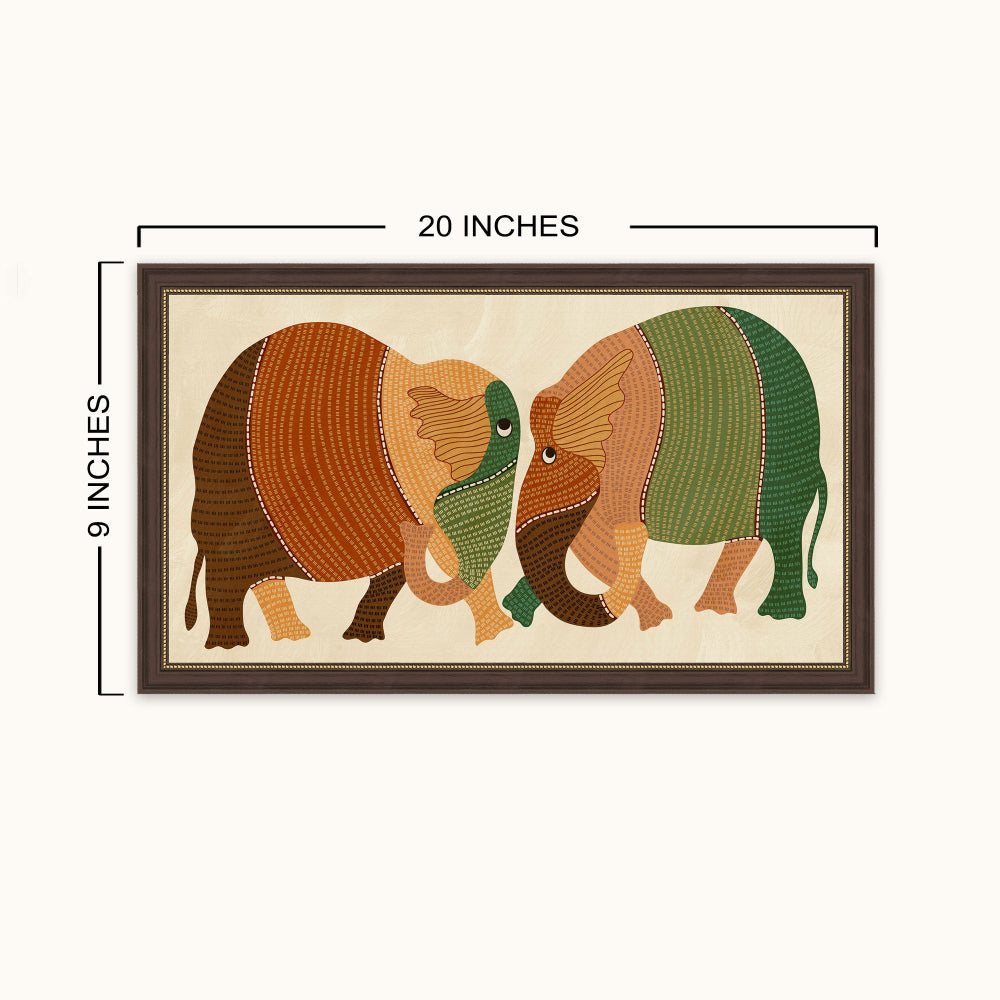 A framed wall art showing two stylized elephants facing each other, with dimension labels indicating 20 inches wide and 9 inches tall on a light background.