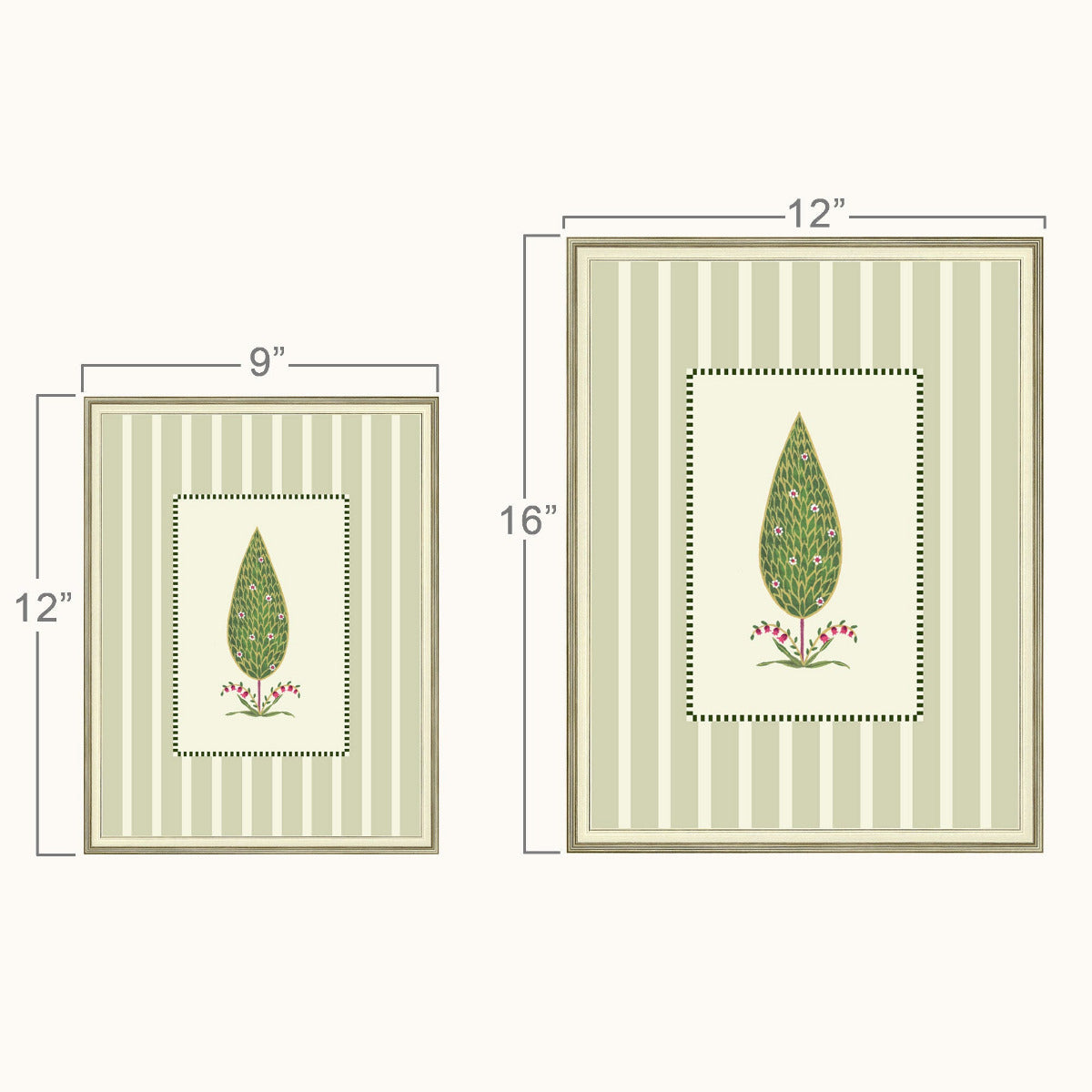 Two framed art frames shown with dimension labels: a smaller 9 by 12 inch print on the left and a larger 12 by 16 inch print on the right. Both feature a central green leaf motif surrounded by a dotted border, with pale green and cream vertical stripes and a thin brown frame.