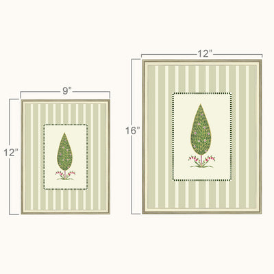 Two framed art frames shown with dimension labels: a smaller 9 by 12 inch print on the left and a larger 12 by 16 inch print on the right. Both feature a central green leaf motif surrounded by a dotted border, with pale green and cream vertical stripes and a thin brown frame.