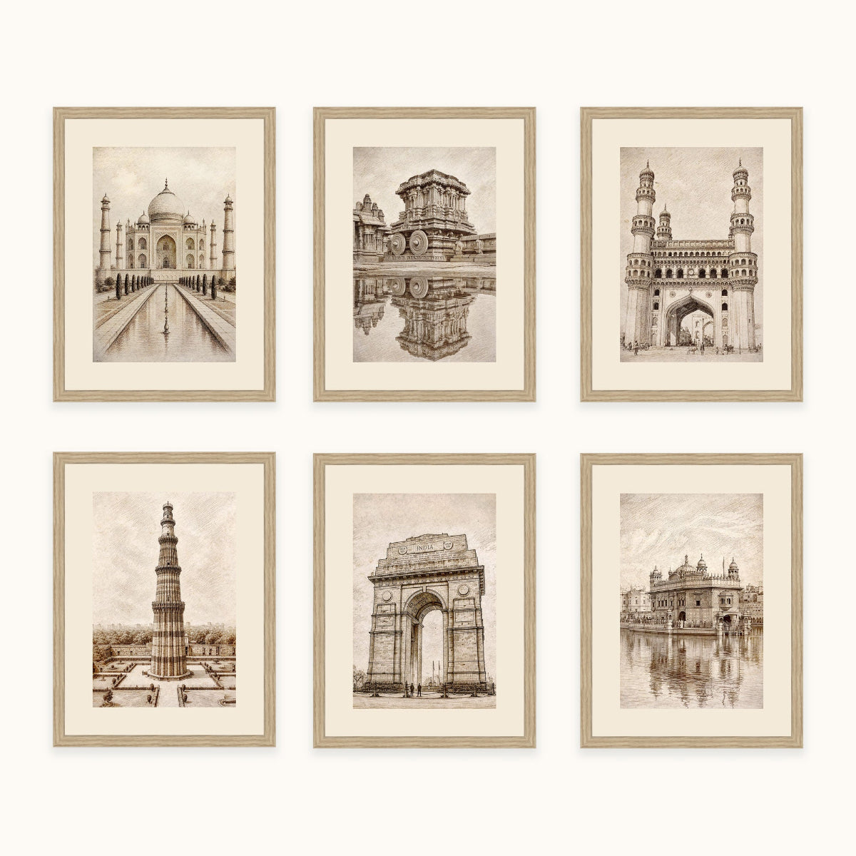 Six framed sepia architectural art prints of Indian landmarks, including the Taj Mahal, Charminar, Quwwar-e-Islam, Hampi Temple, India Gate and the Golden Temple, arranged in a 2x3 grid on a light beige wall.