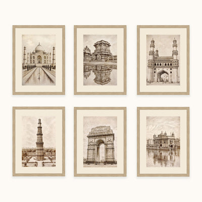 Six framed sepia architectural art prints of Indian landmarks, including the Taj Mahal, Charminar, Quwwar-e-Islam, Hampi Temple, India Gate and the Golden Temple, arranged in a 2x3 grid on a light beige wall.