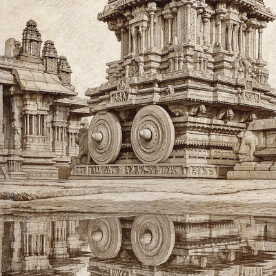 Sepia-toned architectural artwork showing an ornate temple structure with large decorative wheels and a reflective puddle below.