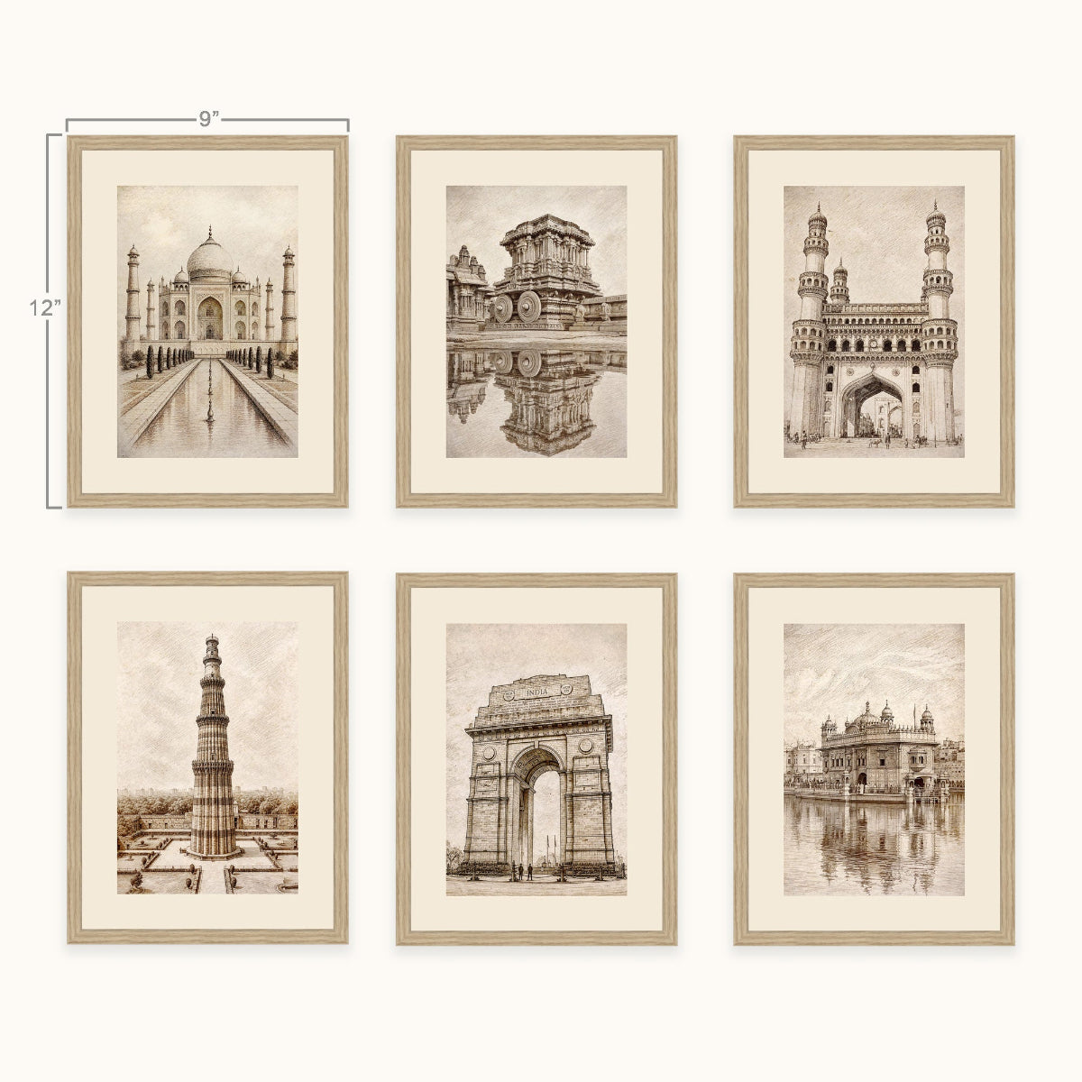 Six framed sepia architectural art of famous Indian landmarks, including the Taj Mahal, Charminar, Quwwar-e-Islam, Hampi Temple, India Gate, and the Golden Temple, arranged in a 2x3 grid on a light beige wall. The prints feature detailed sketches in a warm brown sepia tone with cream matting and light wood frames.