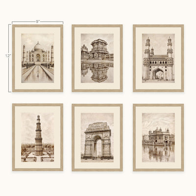 Six framed sepia architectural art of famous Indian landmarks, including the Taj Mahal, Charminar, Quwwar-e-Islam, Hampi Temple, India Gate, and the Golden Temple, arranged in a 2x3 grid on a light beige wall. The prints feature detailed sketches in a warm brown sepia tone with cream matting and light wood frames.