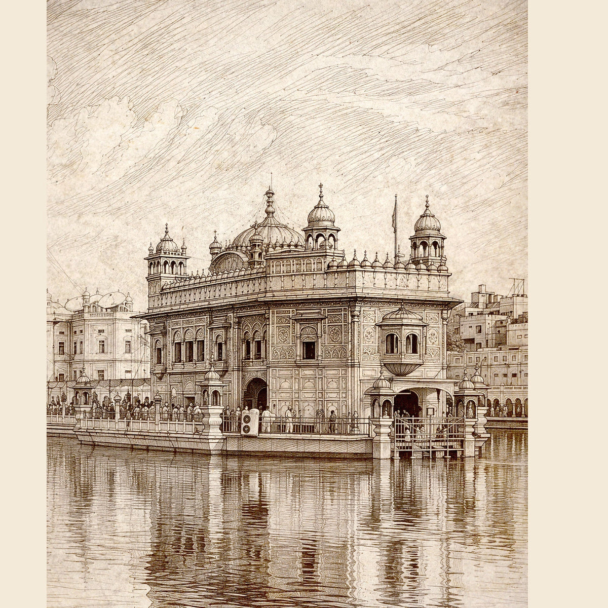 A sepia-toned architectural artwork depicting a historic Sikh gurdwara Golden Temple with domes, minarets, and a reflection in the water, shown with a light beige border.