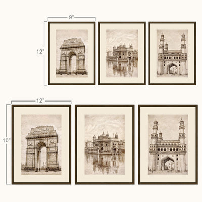 Six framed sepia architectural art prints showing India landmarks, including the India Gate, Golden Temple and Charminar, displayed on a light beige background with size labels.