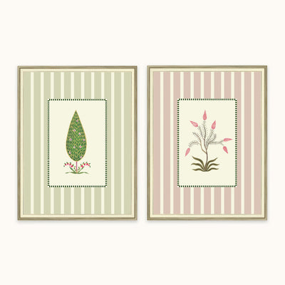 Indian Botanical Duo paired wall art featuring botanical motifs and contemporary stripes