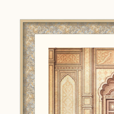 Close-up of a framed art showing ornate architectural details in warm beige, gold, and muted blue tones, with a wide white mat border.