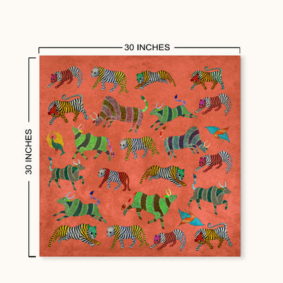 A square wall art or canvas featuring colorful stylized animals on a coral-red background, shown with black dimension lines and text indicating 30 inches by 30 inches.