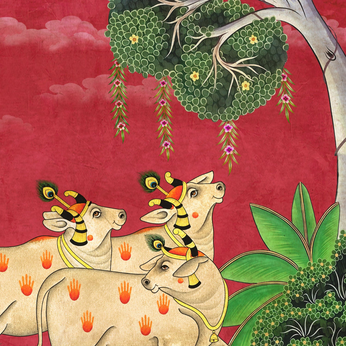 Close-up of the decorated cows in Kamdhenu Pichhwai artwork