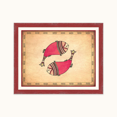 Framed art featuring two stylized pink fish with geometric patterns on a beige background, enclosed in a distressed red frame with a white mat.