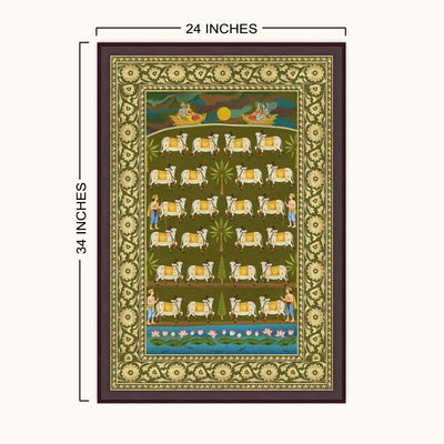 Size chart for Moonlight Kamdhenu Leela Indian cow wall art frame showing the available size of 24 × 34 inches.