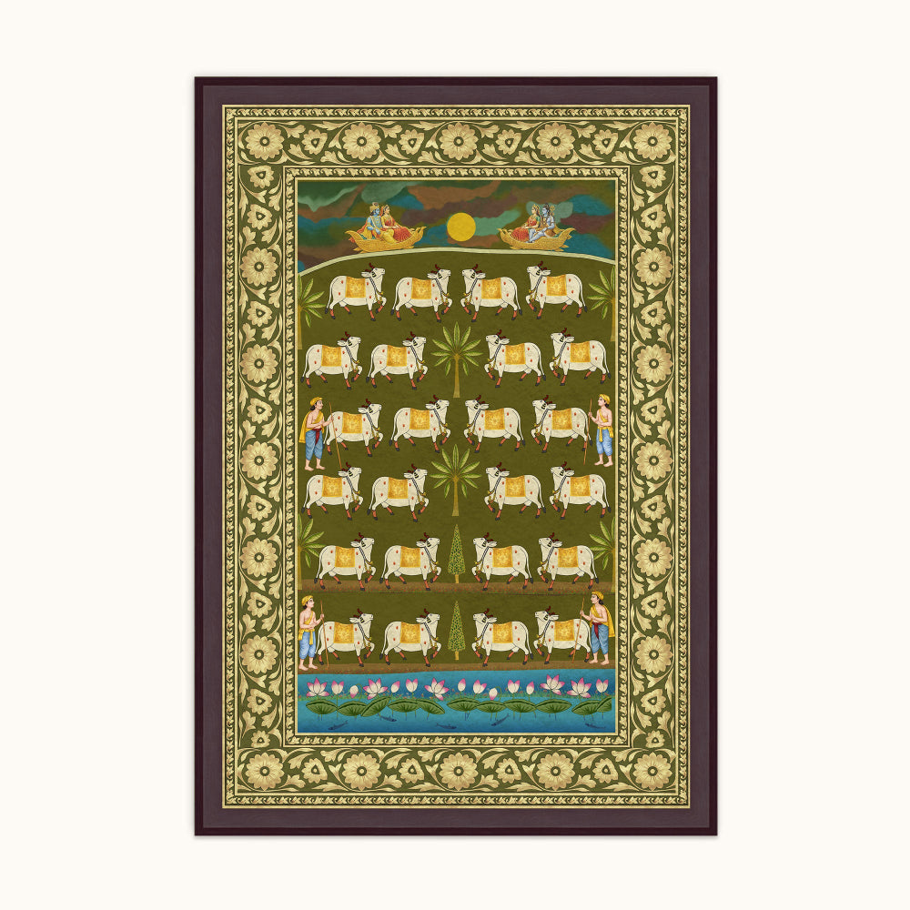 Moonlight Kamdhenu Leela Indian cow wall art frame featuring white cows against a dark green background with ornate floral borders.