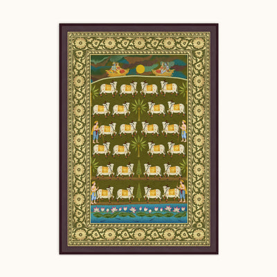 Moonlight Kamdhenu Leela Indian cow wall art frame featuring white cows against a dark green background with ornate floral borders.