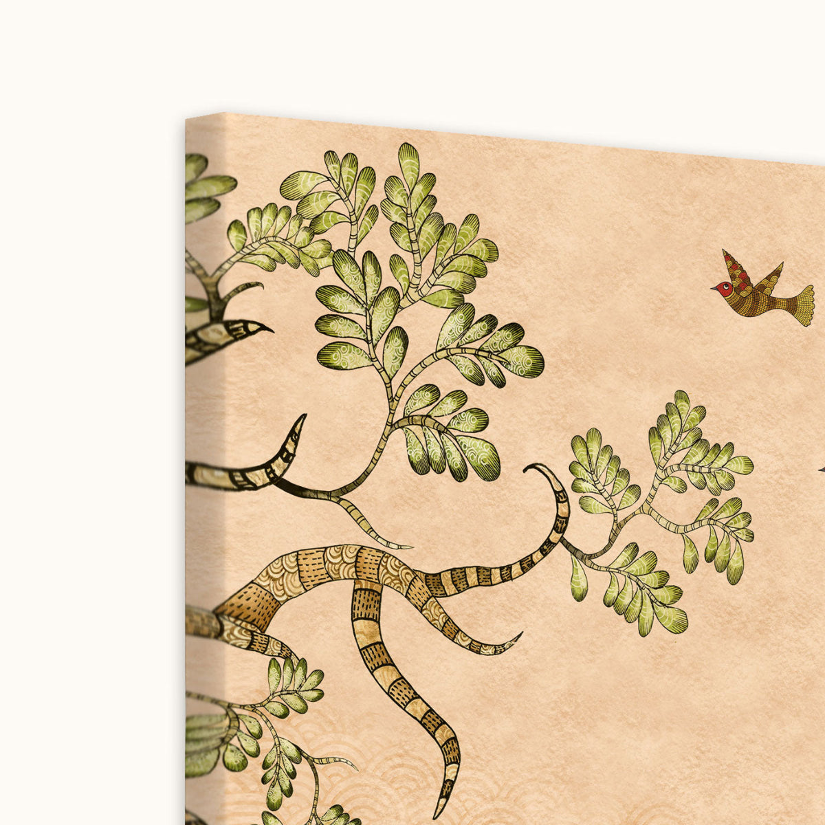 A close-up of a canvas wall art showing a botanical and bird illustration on a warm beige background. The artwork features green leaves on branches with a snake-like pattern and a small bird with red and yellow accents.