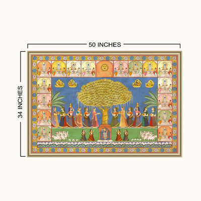 A framed traditional Indian style painting depicting a celestial scene with a central tree of life, surrounded by figures and decorative borders, shown with dimension labels indicating 50 inches wide by 34 inches tall on a light beige background.