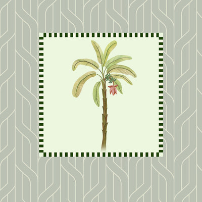 A botanical art featuring a hand-drawn palm tree with green leaves and a small pink flower, centered within a square frame with a dark green checkered border, set against a light gray patterned background.