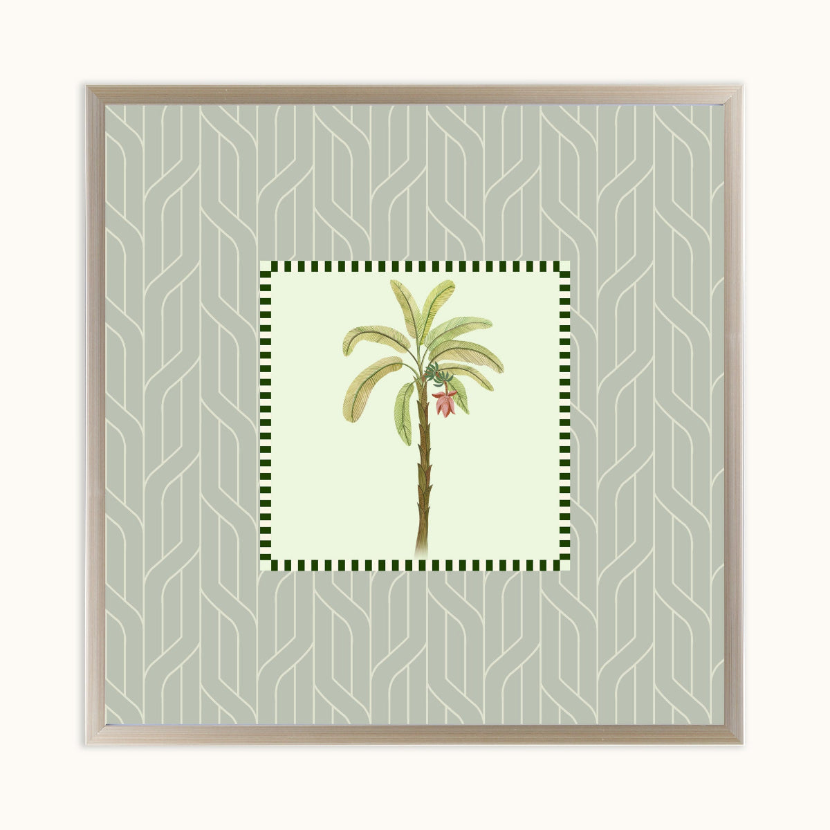 Framed square wall art featuring a central botanical illustration of a palm tree with green leaves and a small red flower, set against a pale sage green patterned background with a light wood frame.