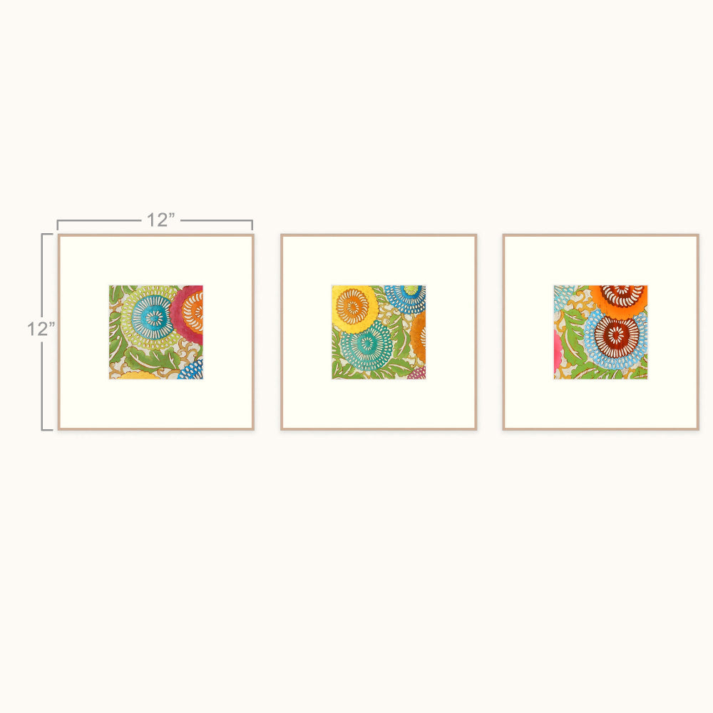 Three framed square art with colorful circular mandala patterns, shown on a light beige background with dimension labels indicating 12 inches.