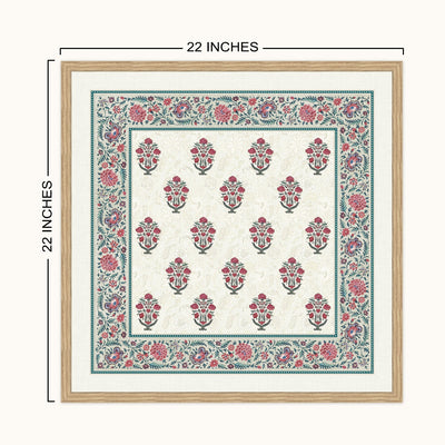A framed square decorative art or panel with a cream background, floral border, and repeated red and teal medallion motifs, shown with dimension lines labeled 22 inches on each side.