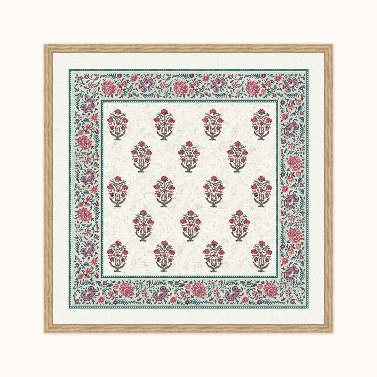 A square framed art featuring a traditional Persian-style floral pattern with a cream background, red and pink floral motifs, and a teal border, enclosed in a light wood frame.