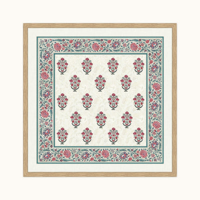 A square framed art featuring a traditional Persian-style floral pattern with a cream background, red and pink floral motifs, and a teal border, enclosed in a light wood frame.