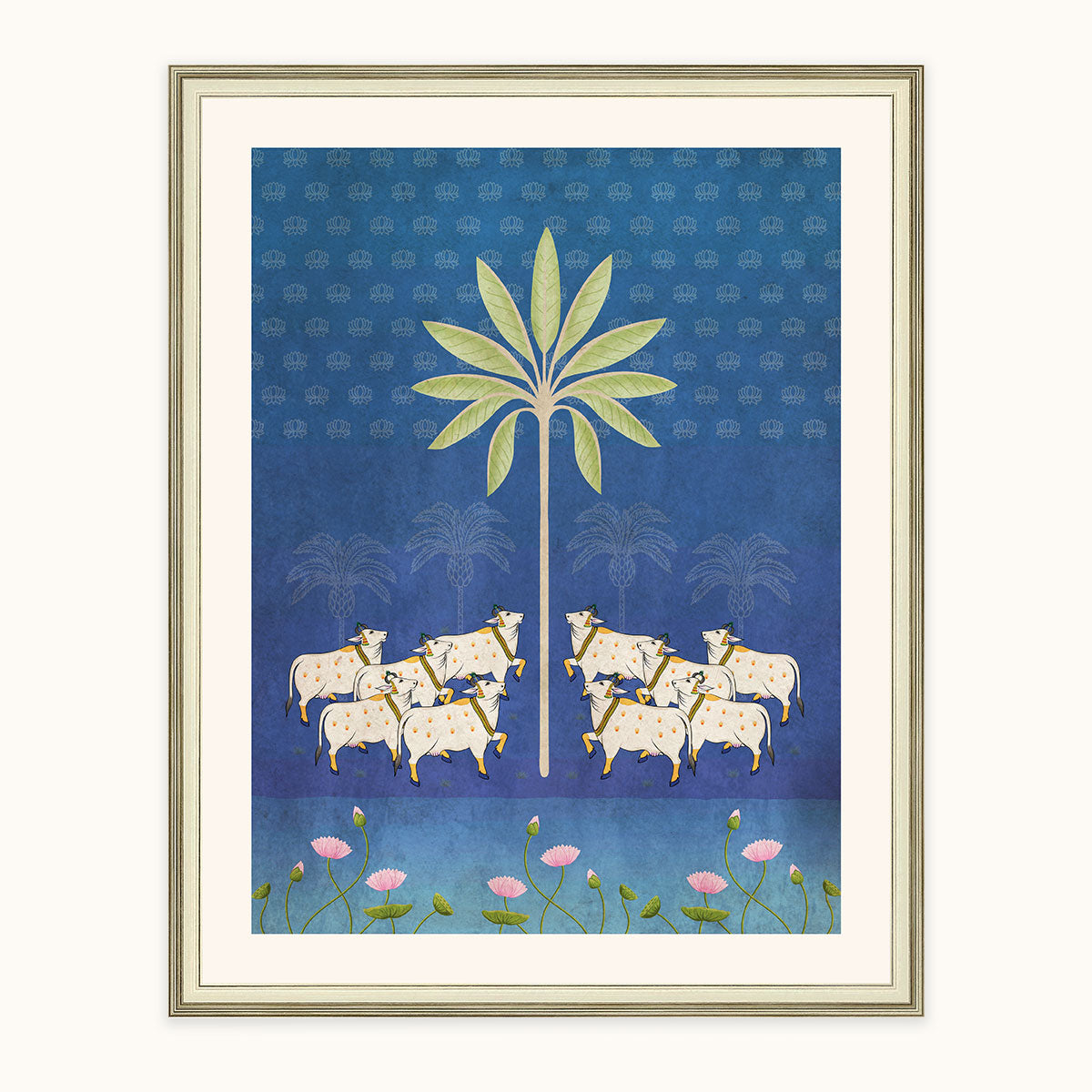 Pichhwai Prem framed artwork featuring white cows, a symbolic tree and lotus blooms against a blue background
