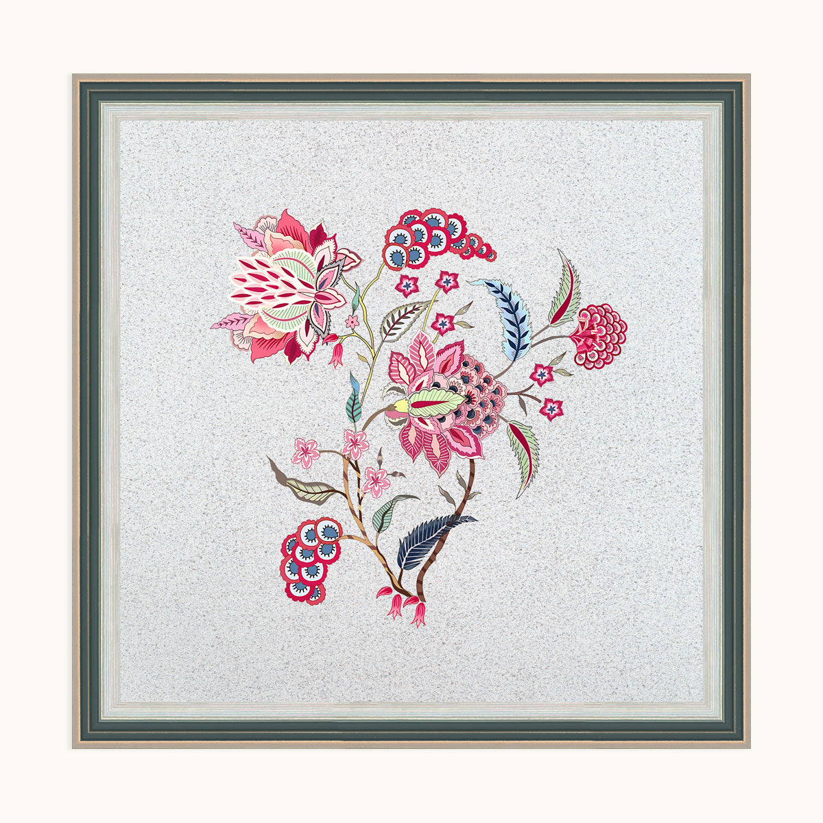 Close-up of the colourful floral composition and ornamental details in Pushp Vilas artwork