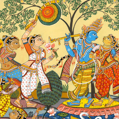 Vibrant traditional Indian folk art illustration depicting a mythological scene with a blue-skinned figure holding a flute, surrounded by colorful figures, a tree, and decorative motifs on a warm cream background.
