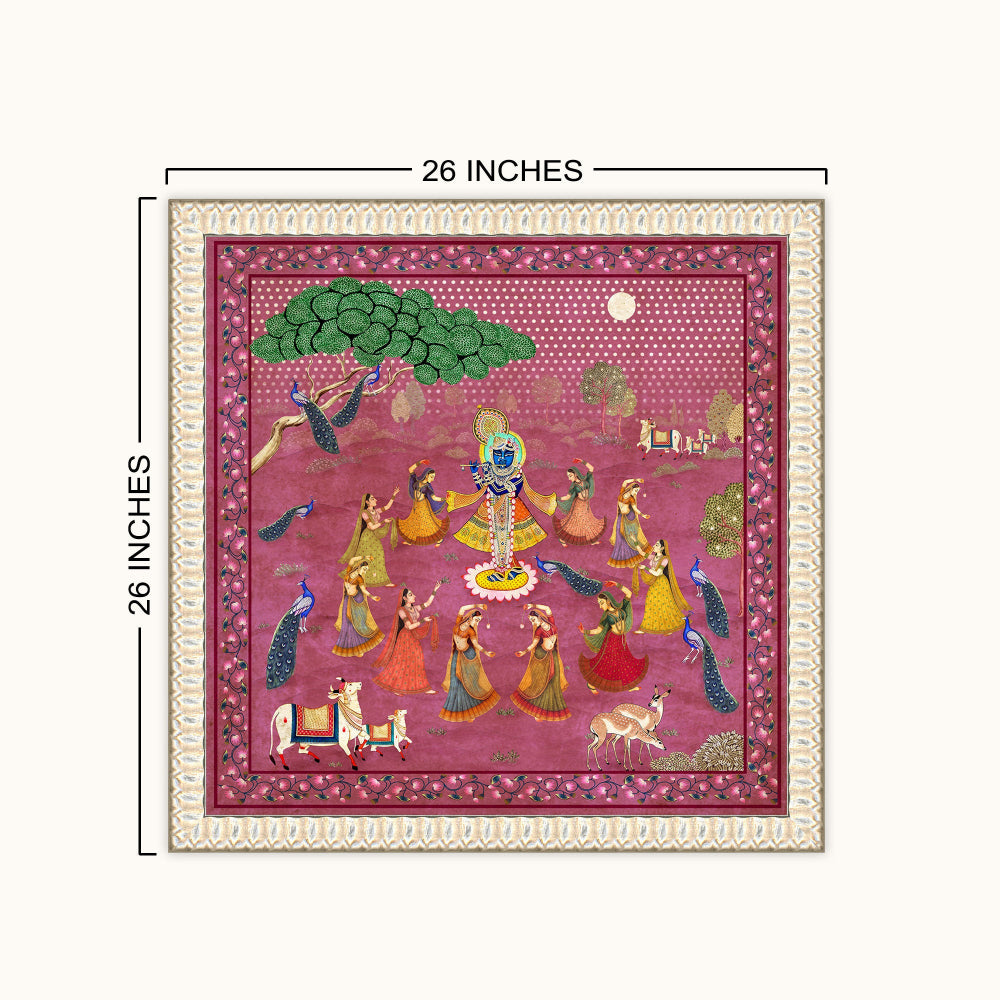 A square Indian-style folk art or textile panel shown on a light background with dimension lines indicating 26 inches by 26 inches. The artwork features a pink and magenta background with a central figure, dancing figures, peacocks, a tree, and decorative border details.