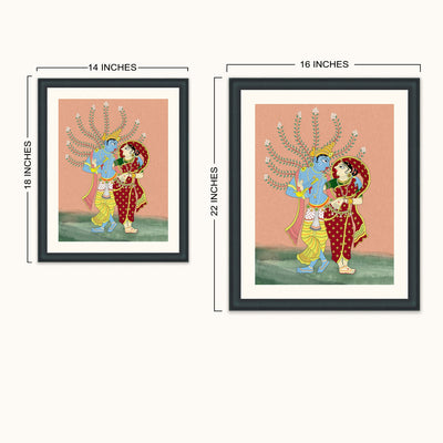 Two framed art showing a traditional Indian style illustration of a blue-skinned man and a red-skinned woman under a flowering tree, with dimension labels indicating 14x18 inches and 18x22 inches.