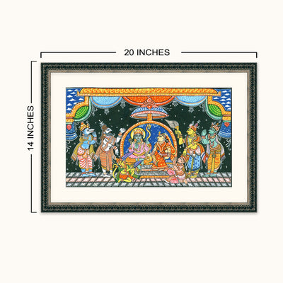 A framed traditional Indian folk art depicting a mythological scene, shown with dimension lines indicating 20 inches wide by 14 inches tall on a light beige background.