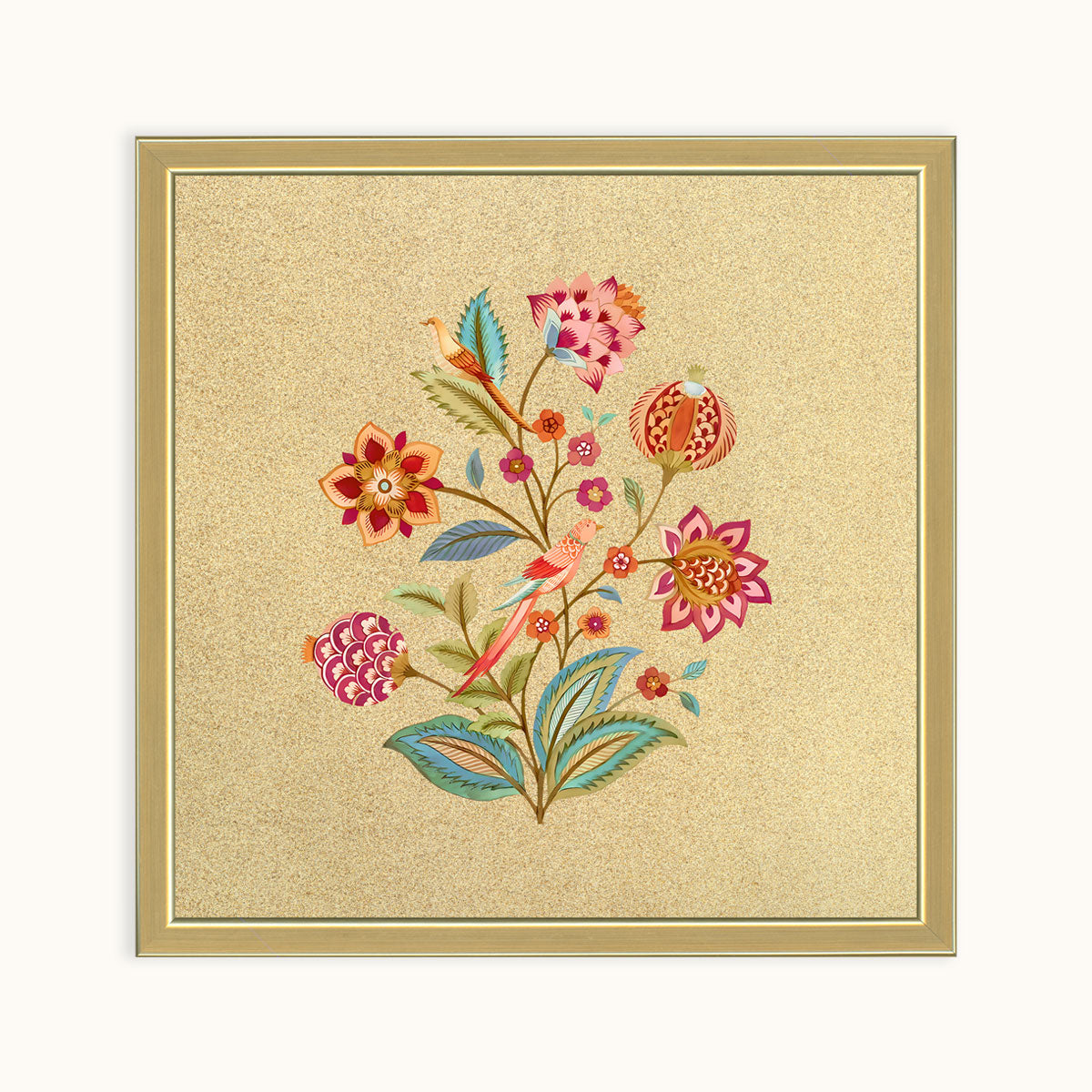 Rangrez floral wall art displayed on a light neutral wall above a wooden console with decorative vases