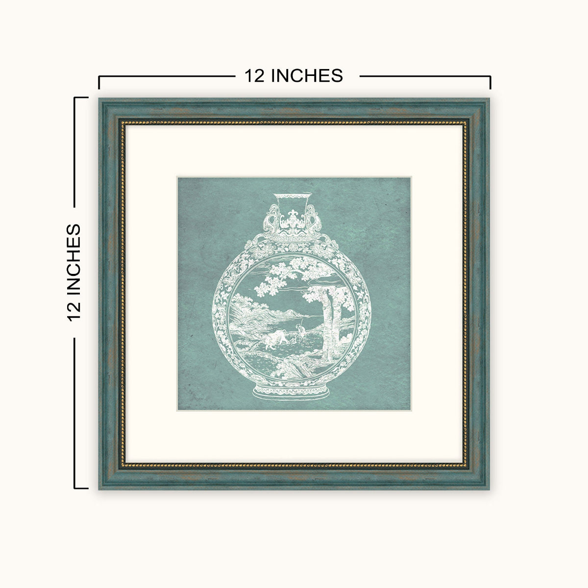 A framed wall art shown on a light neutral background with dimension lines indicating 12 inches by 12 inches. The artwork features a white vintage-style vase illustration centered on a muted teal-green field, surrounded by a white mat and a teal-green frame with thin gold-toned inner detailing.