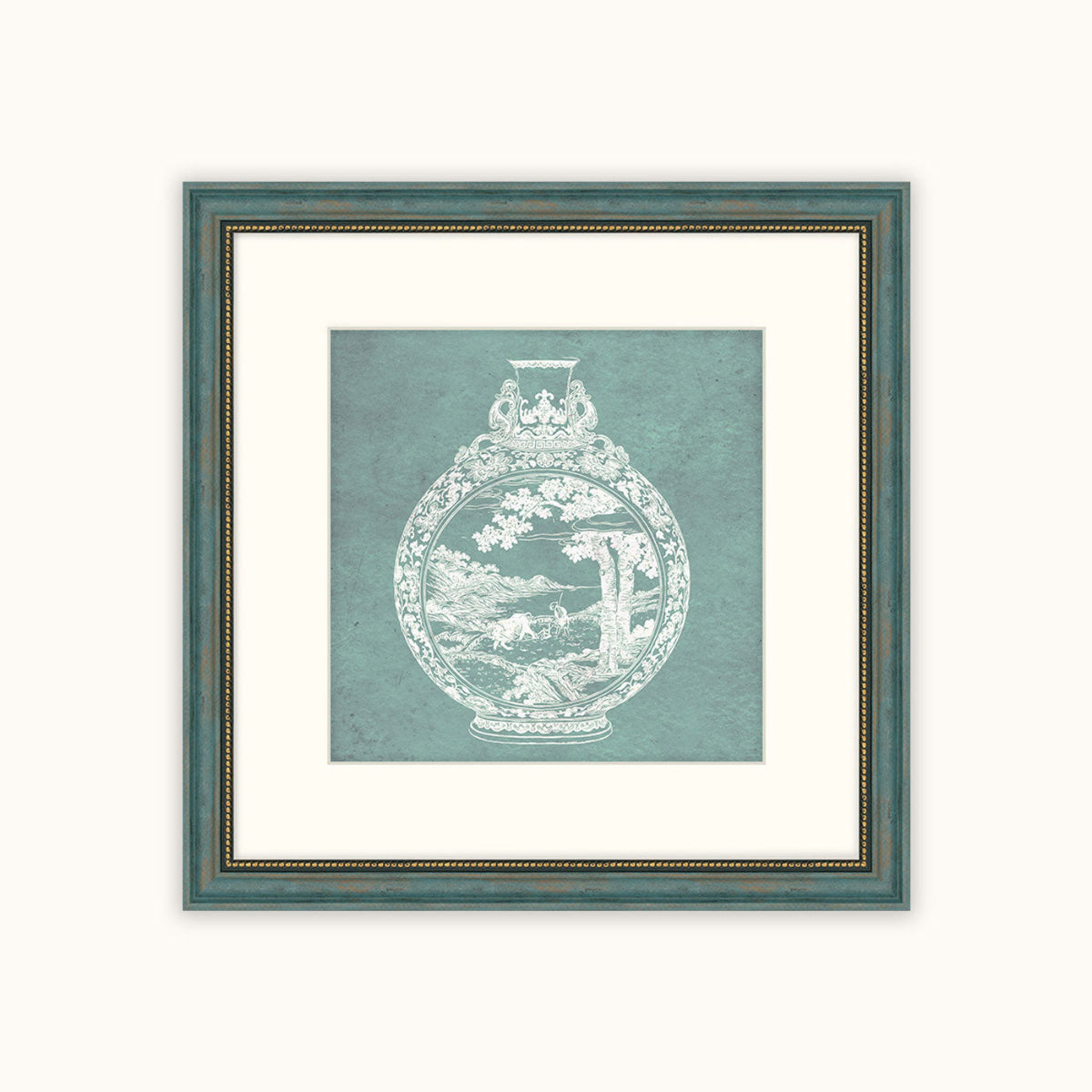 Framed wall art featuring a white vintage-style illustration of an ornate vase on a muted teal background, set within a white mat and a distressed teal frame with gold detailing.