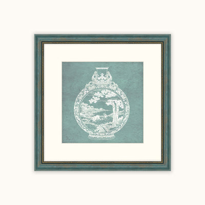 Framed wall art featuring a white vintage-style illustration of an ornate vase on a muted teal background, set within a white mat and a distressed teal frame with gold detailing.