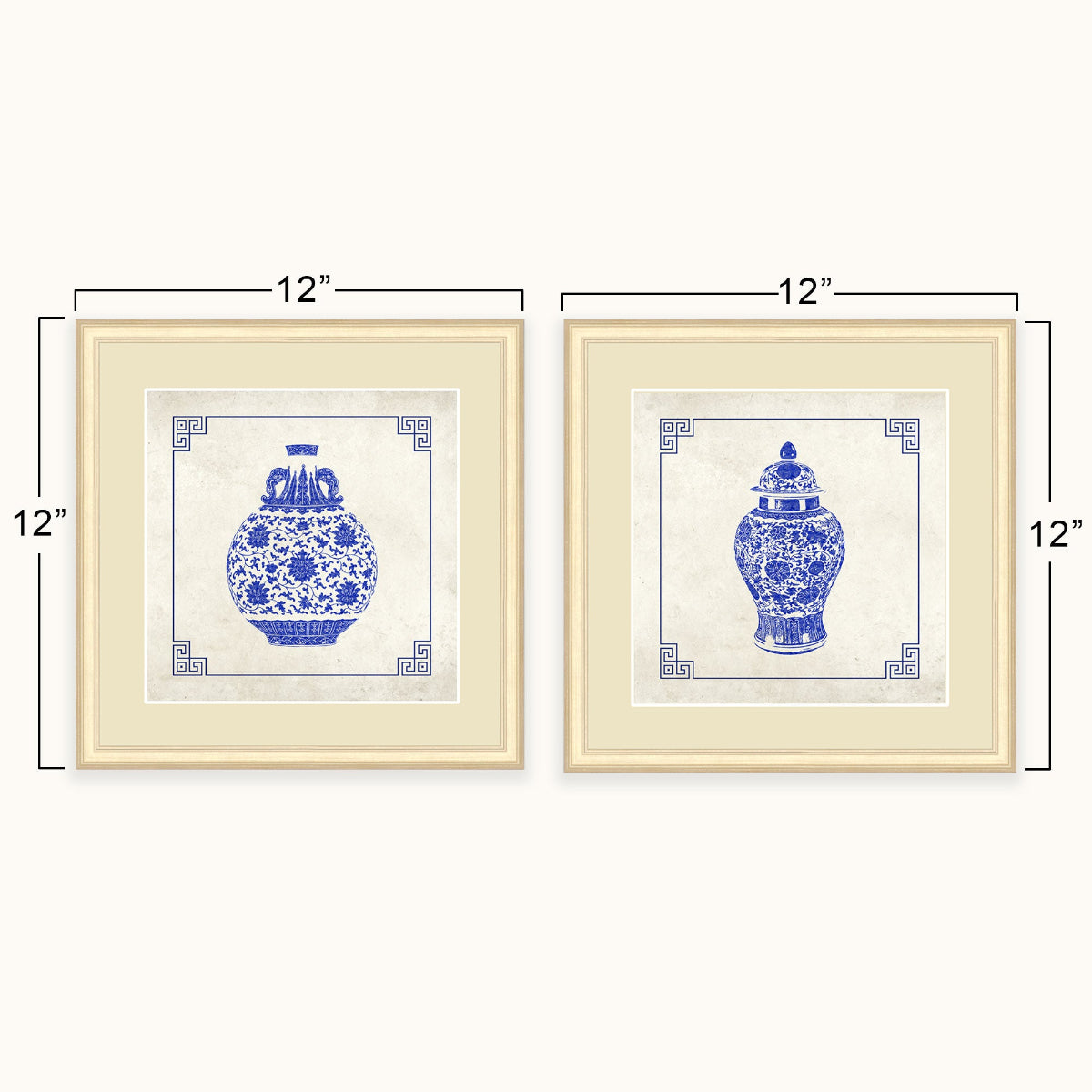 Two framed blue-and-white porcelain vase art shown side by side with dimension lines indicating 12 by 12 inch size on a light neutral background.
