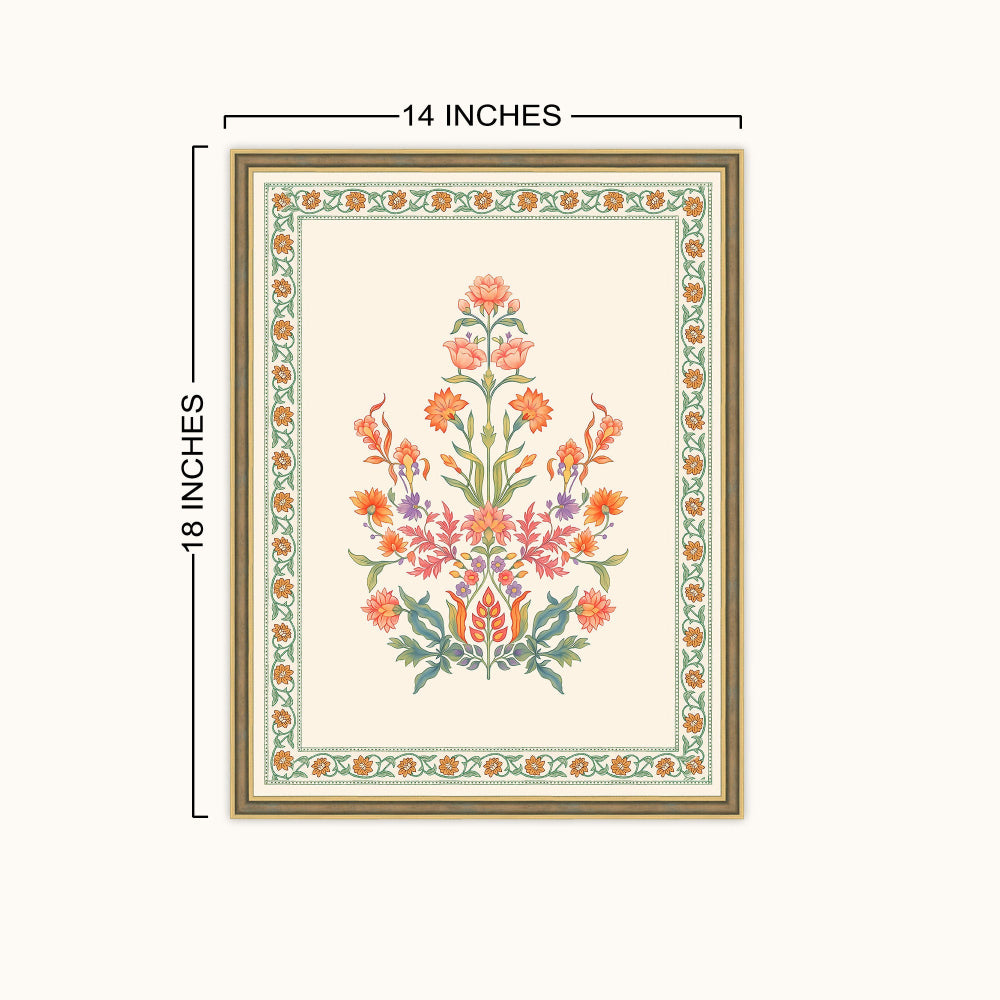 A framed floral art shown on a light beige background with dimension lines indicating 14 inches wide and 18 inches tall. The print features a central bouquet of orange, pink, and purple flowers with green leaves, surrounded by an ornate multicolor border and a gold-toned frame.