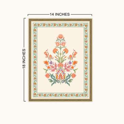 A framed floral art shown on a light beige background with dimension lines indicating 14 inches wide and 18 inches tall. The print features a central bouquet of orange, pink, and purple flowers with green leaves, surrounded by an ornate multicolor border and a gold-toned frame.