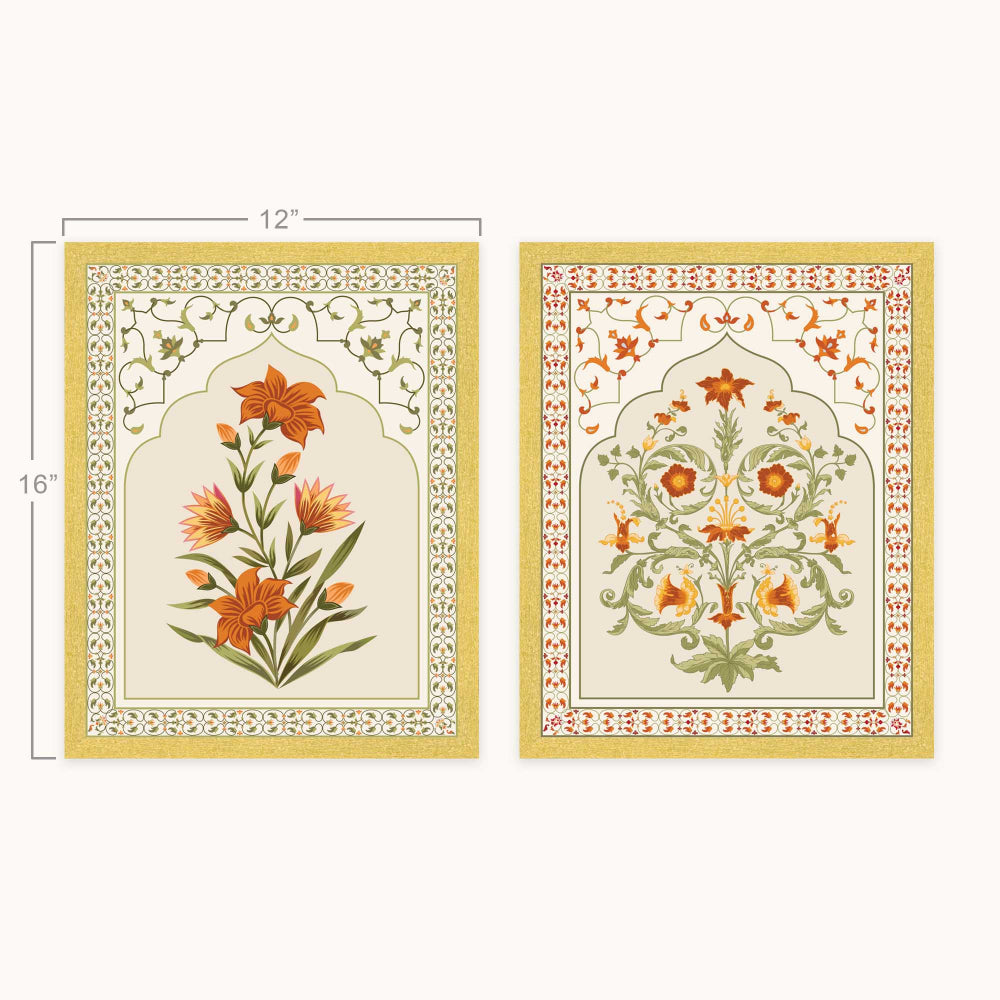 Two decorative wall art with ornate floral designs and arched motifs, shown side by side on a light gray background. The left print features orange lilies with green leaves, and the right print has a symmetrical floral arrangement.