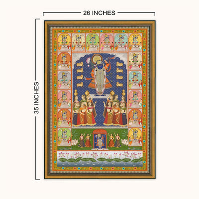 A framed-style wall art or poster showing a colorful traditional Indian religious scene with multiple deities and figures, annotated with dimensions reading 26 inches wide and 35 inches tall on a light neutral background.
