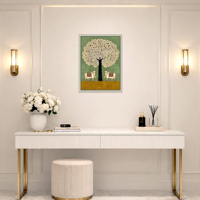 Surabhi under the Sacred Tree Indian cow wall art frame