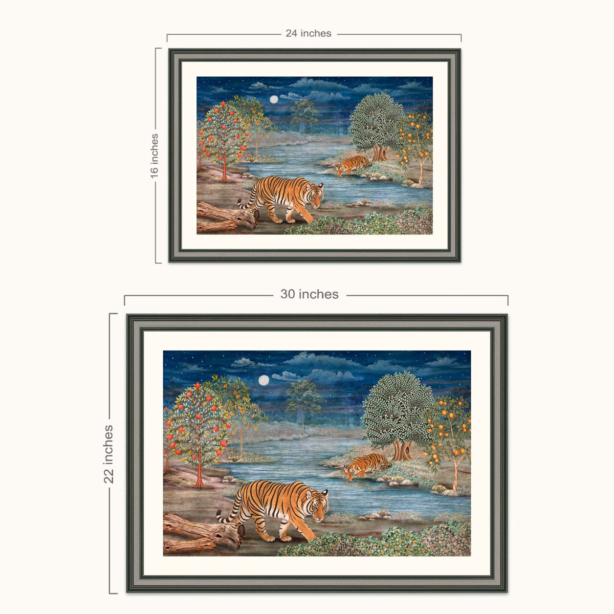 Framed tiger landscape wall art shown in two sizes with dimension labels. The artwork depicts two tigers by a river at night under a full moon, with trees and a dark blue sky.