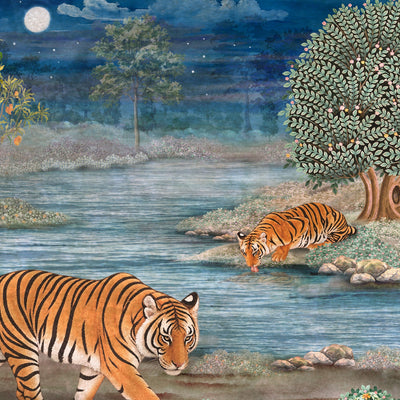 A painted night scene showing two tigers by a river, with trees, rocks, a full moon, and stars in the sky. The artwork itself appears to be the product rather than a photo of a physical object in a room.