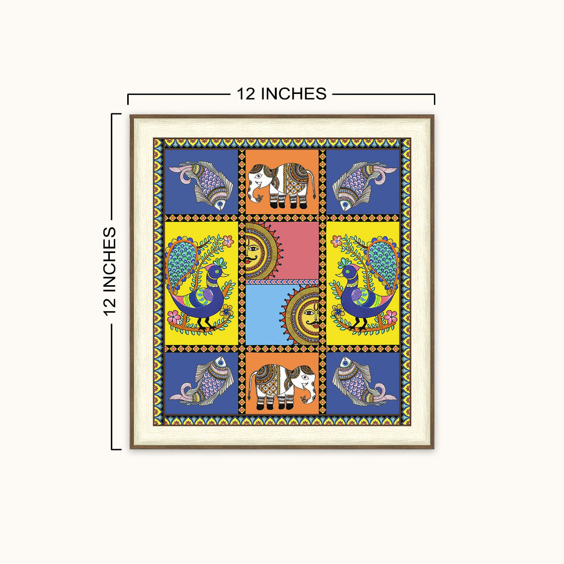 A square framed art featuring a colorful traditional Indian folk art design with peacocks, elephants, and geometric patterns, shown with dimension lines indicating 12 inches by 12 inches on a light beige background.
