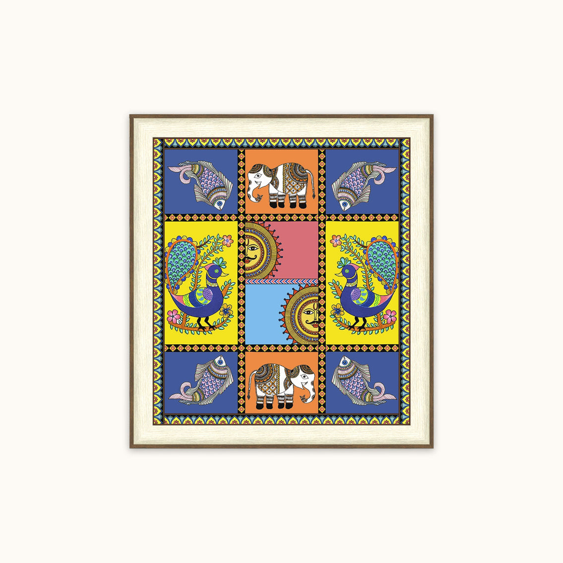 A framed square art featuring a colorful folk-art style design with elephants, peacocks, and circular motifs in blue, yellow, orange, pink, and purple on a light cream background.