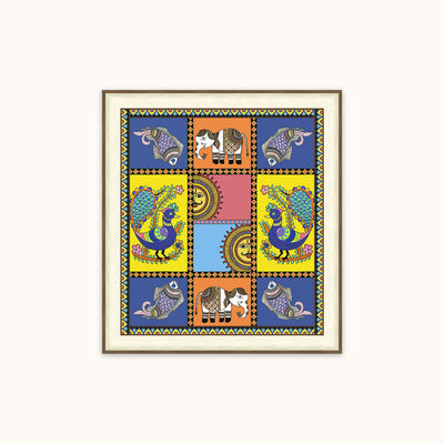A framed square art featuring a colorful folk-art style design with elephants, peacocks, and circular motifs in blue, yellow, orange, pink, and purple on a light cream background.