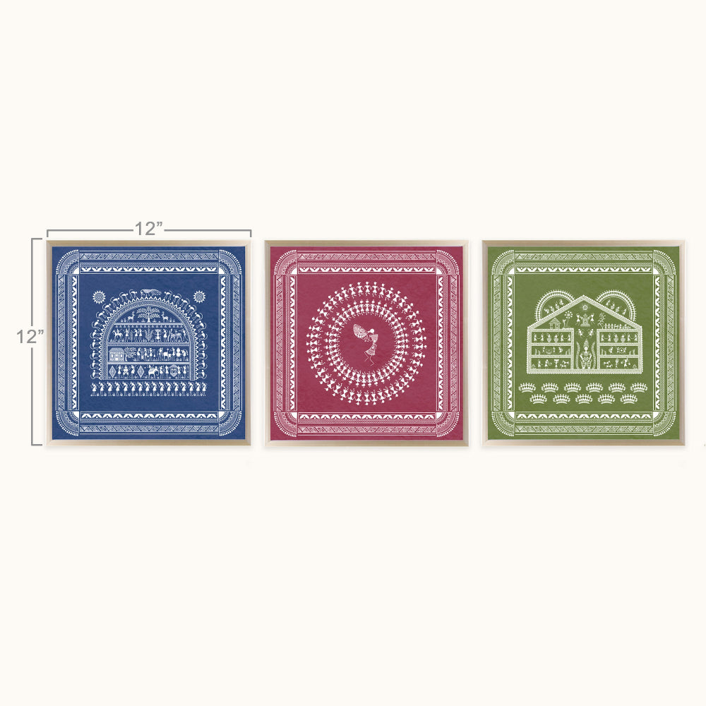 Three square decorative art with traditional architectural linocut or woodcut designs, shown side by side on a light beige background. The left print is blue with white detailing, the middle is maroon with white detailing, and the right is sage green with white detailing.