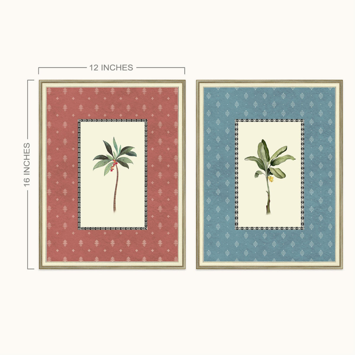 Tropical Duo wall art size chart showing available frame sizes of 9 × 12, 12 × 16 and 16 × 22 inches